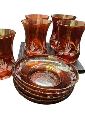 Vintage Amber Red Gold Etched Glass Turkish Tea Set With Saucers Set of 4+ HS248